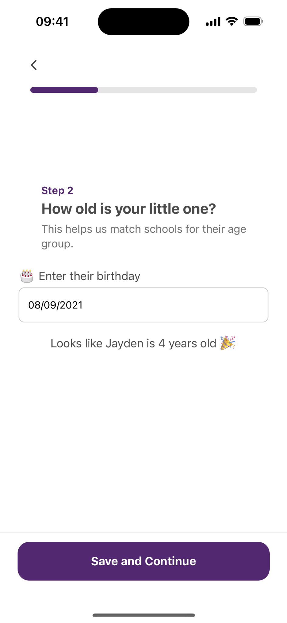 Enter your child's age during onboarding