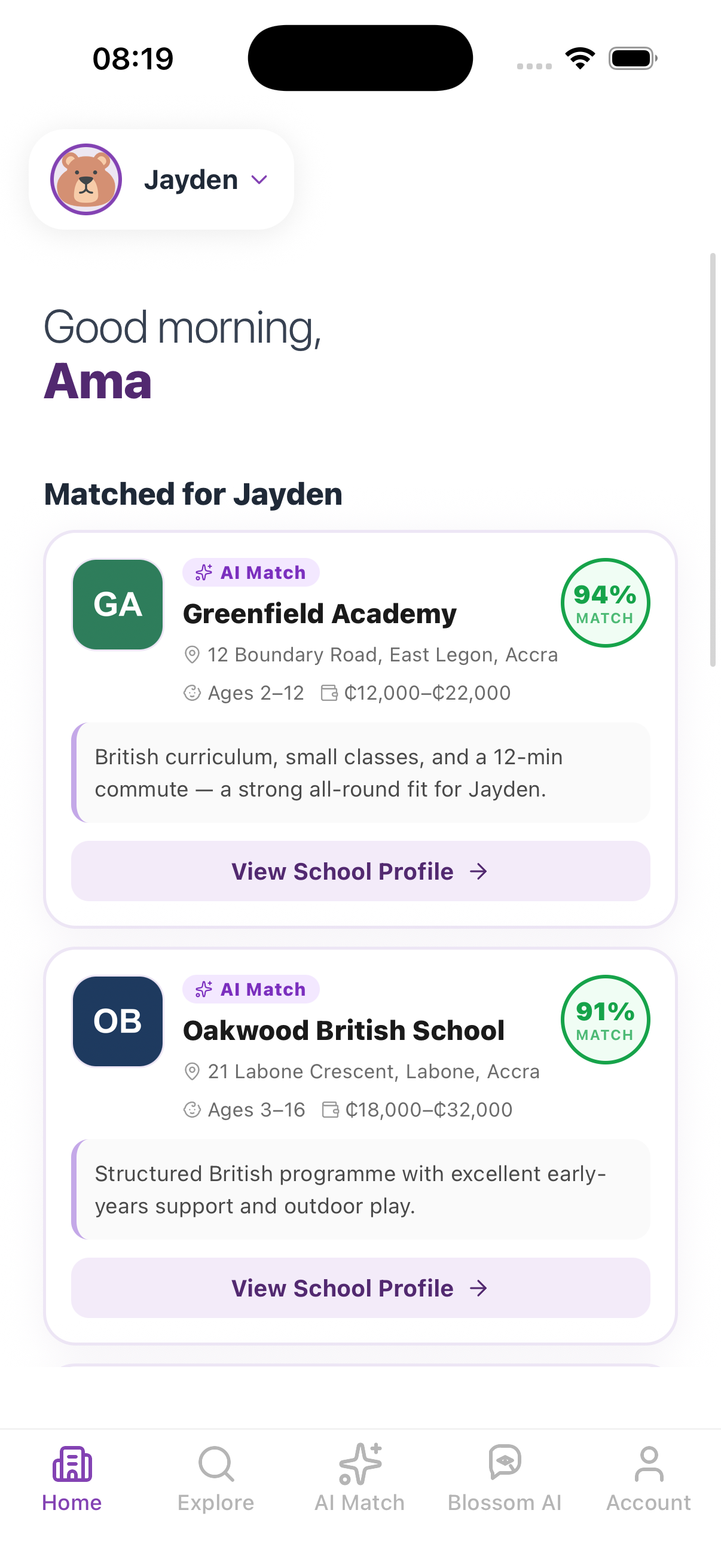 The ChildBlossoms app showing a parent's school matches
